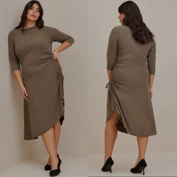 Torrid Midi Ribbed Asymmetrical Hem Dress in Olive Green Plus Size 6 or 6X Nwt - Picture 1 of 9